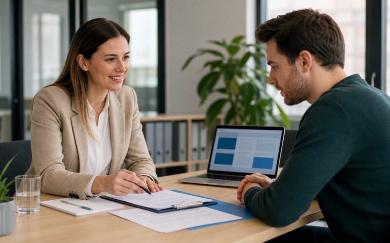 Bewerber bespricht Probearbeiten und Jobstart mit einer Personalverantwortlichen in einem österreichischen Büro