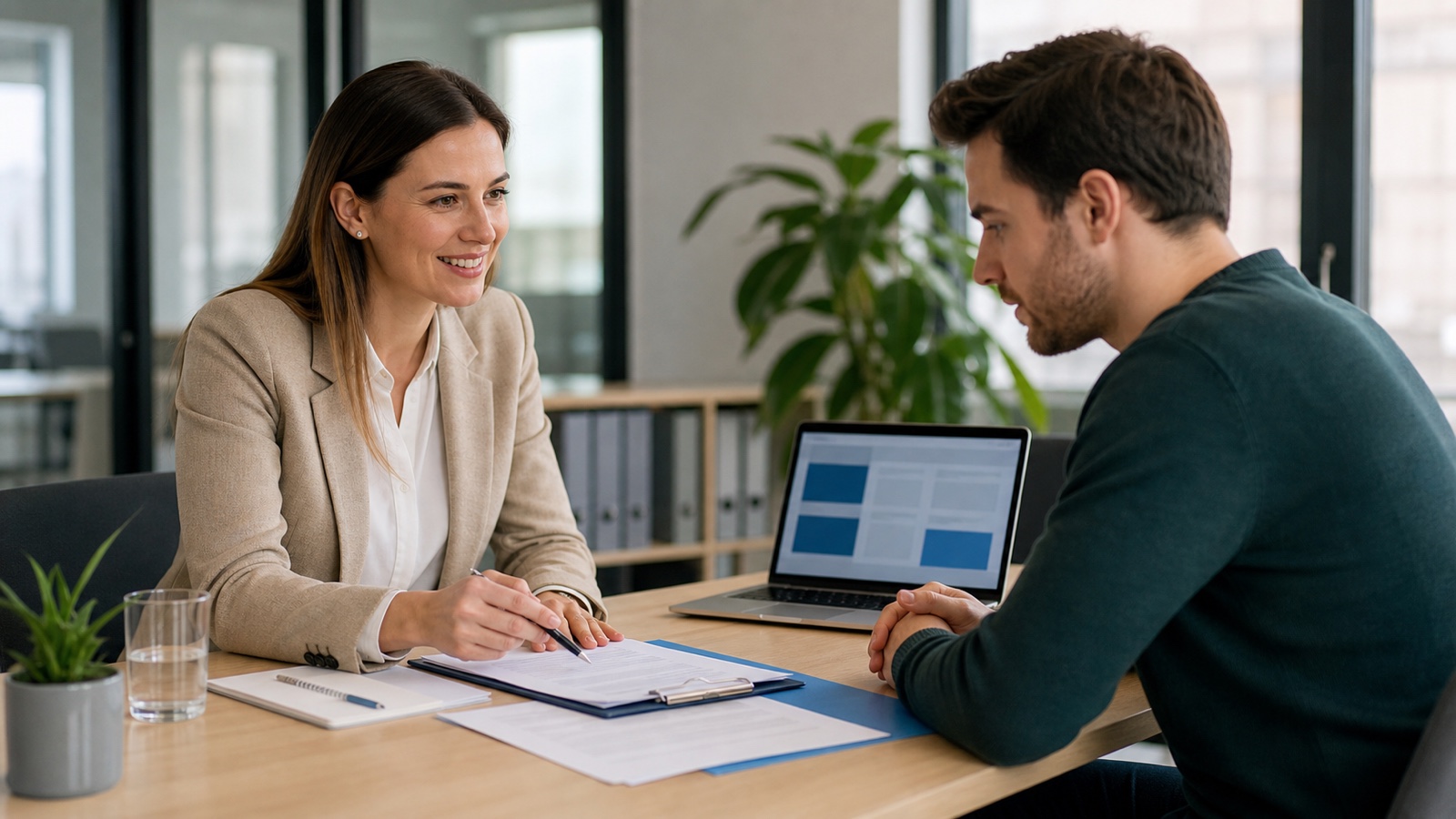 Bewerber bespricht Probearbeiten und Jobstart mit einer Personalverantwortlichen in einem österreichischen Büro