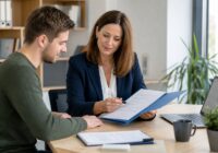Bewerber prüft ein Dienstzeugnis mit einer Karriereberaterin in einem österreichischen Büro