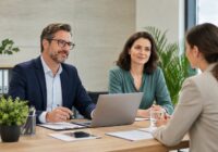 Bewerberin führt ein professionelles Bewerbungsgespräch mit zwei Personalverantwortlichen in einem österreichischen Büro