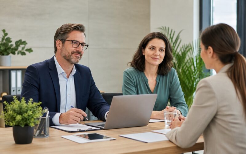 Bewerberin führt ein professionelles Bewerbungsgespräch mit zwei Personalverantwortlichen in einem österreichischen Büro