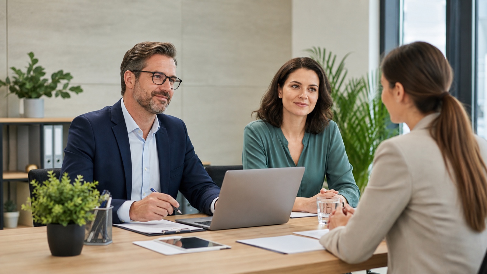 Bewerberin führt ein professionelles Bewerbungsgespräch mit zwei Personalverantwortlichen in einem österreichischen Büro