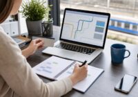 Beschäftigte plant ihren Arbeitsweg mit Laptop, abstrakter Routenanzeige und Kalender in einem österreichischen Büro
