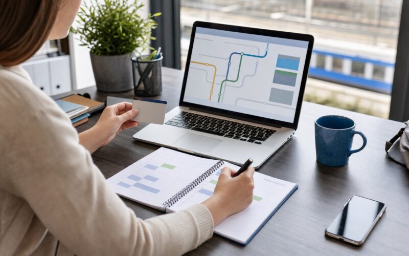 Beschäftigte plant ihren Arbeitsweg mit Laptop, abstrakter Routenanzeige und Kalender in einem österreichischen Büro