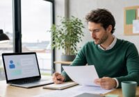 Bewerber überarbeitet Lebenslauf am Laptop mit abstrakter KI-Unterstützung in einem modernen österreichischen Büro