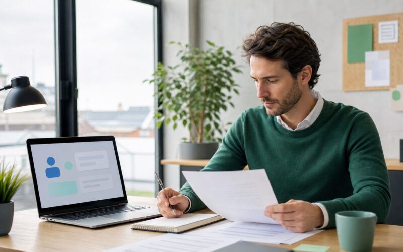 Bewerber überarbeitet Lebenslauf am Laptop mit abstrakter KI-Unterstützung in einem modernen österreichischen Büro