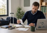 Beschäftigte bereitet Dienstreise mit Laptop, Reisekostenbelegen und Kalender in einem modernen österreichischen Büro vor