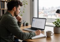Bewerber liest eine Absage am Laptop und notiert professionelles Feedback für die nächste Bewerbung