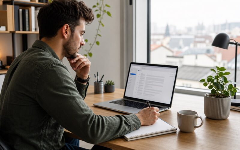 Bewerber liest eine Absage am Laptop und notiert professionelles Feedback für die nächste Bewerbung