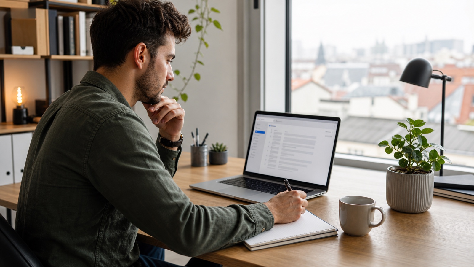 Bewerber liest eine Absage am Laptop und notiert professionelles Feedback für die nächste Bewerbung