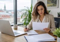 Bewerberin prüft Arbeitsvertrag und Dienstzettel mit Notizen in einem modernen österreichischen Büro