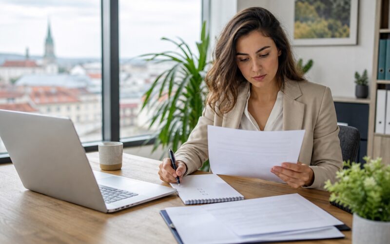 Bewerberin prüft Arbeitsvertrag und Dienstzettel mit Notizen in einem modernen österreichischen Büro