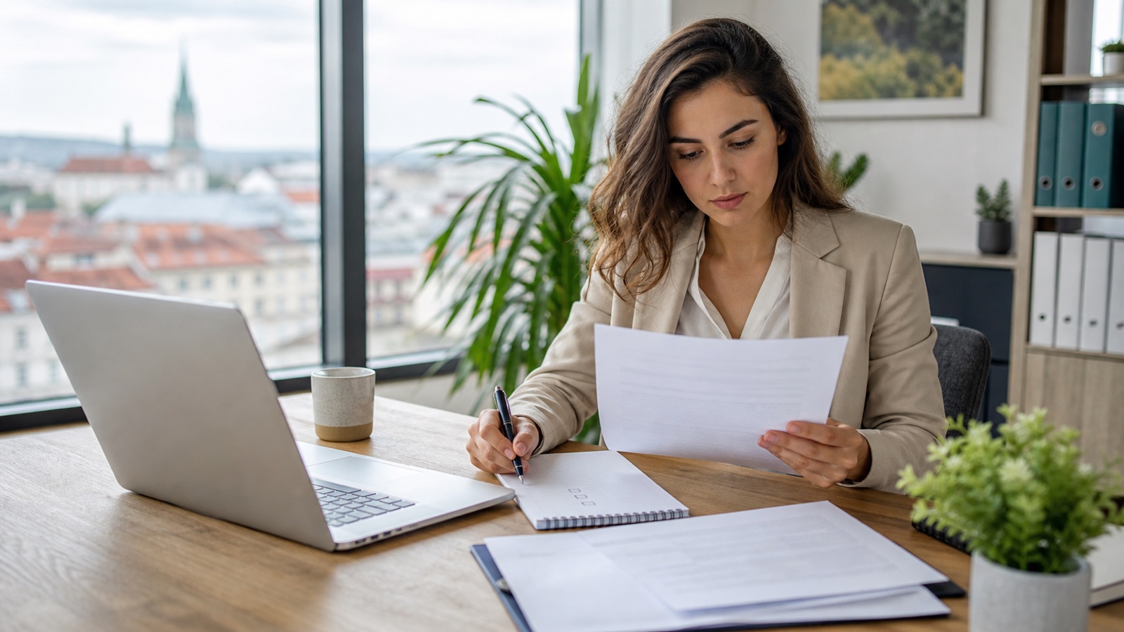 Bewerberin prüft Arbeitsvertrag und Dienstzettel mit Notizen in einem modernen österreichischen Büro