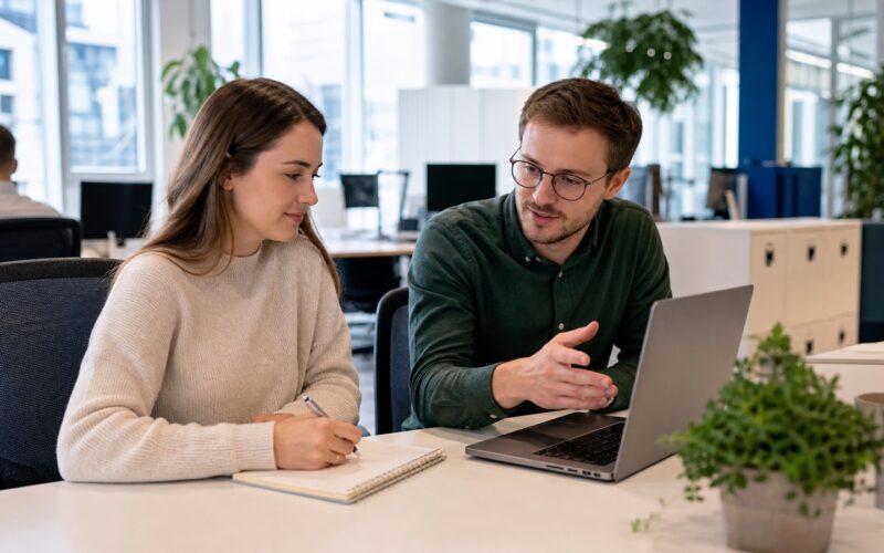 Neue Mitarbeiterin macht sich am ersten Arbeitstag Notizen bei der Einarbeitung in einem modernen österreichischen Büro