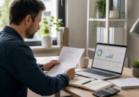 Beschäftigte prüft Gehaltszettel und Kontoauszug an einem Laptop in einem modernen österreichischen Büro
