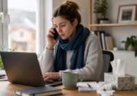 Beschäftigte meldet Krankenstand per Laptop und Telefon an einem ruhigen Arbeitsplatz in Österreich