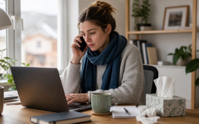 Beschäftigte meldet Krankenstand per Laptop und Telefon an einem ruhigen Arbeitsplatz in Österreich