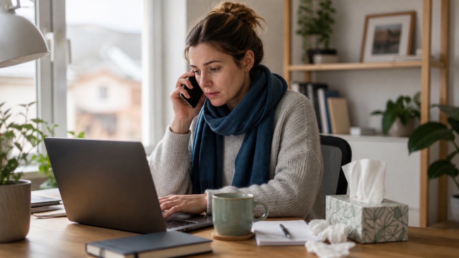 Beschäftigte meldet Krankenstand per Laptop und Telefon an einem ruhigen Arbeitsplatz in Österreich