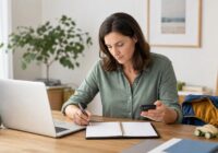 Beschäftigte organisiert Pflegefreistellung mit Laptop, Telefon und Familienkalender an einem modernen österreichischen Arbeitsplatz