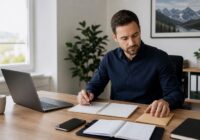 Beschäftigte bereitet ein Kündigungsgespräch mit Notizen und Laptop an einem ruhigen österreichischen Büroarbeitsplatz vor