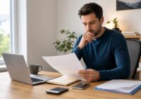 Bewerberin prüft ein Jobangebot mit Laptop, Notizbuch und Unterlagen an einem modernen österreichischen Arbeitsplatz
