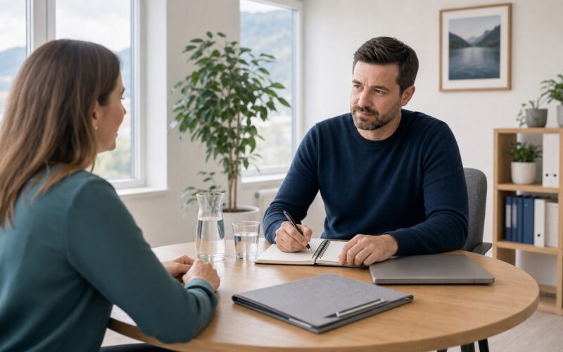Beschäftigte bereitet in einem österreichischen Büro Notizen für ein Mitarbeitergespräch vor