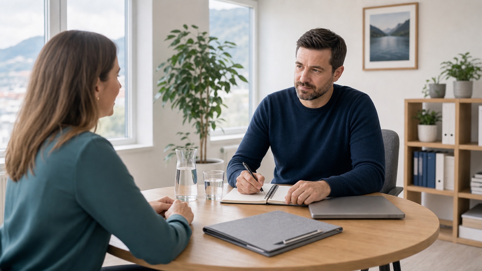 Beschäftigte bereitet in einem österreichischen Büro Notizen für ein Mitarbeitergespräch vor