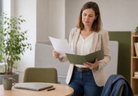 Beschäftigte prüft Unterlagen zum Jobstart und zur Probezeit an einem hellen Schreibtisch