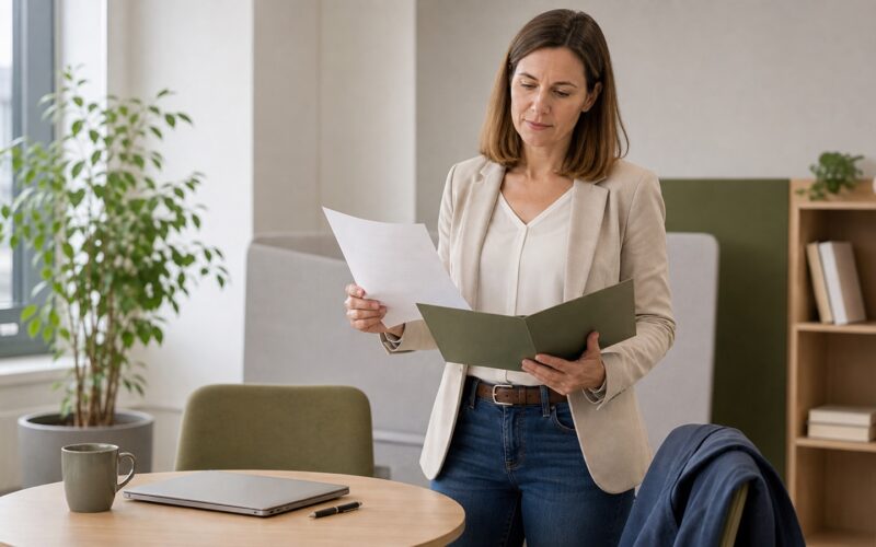 Beschäftigte prüft Unterlagen zum Jobstart und zur Probezeit an einem hellen Schreibtisch