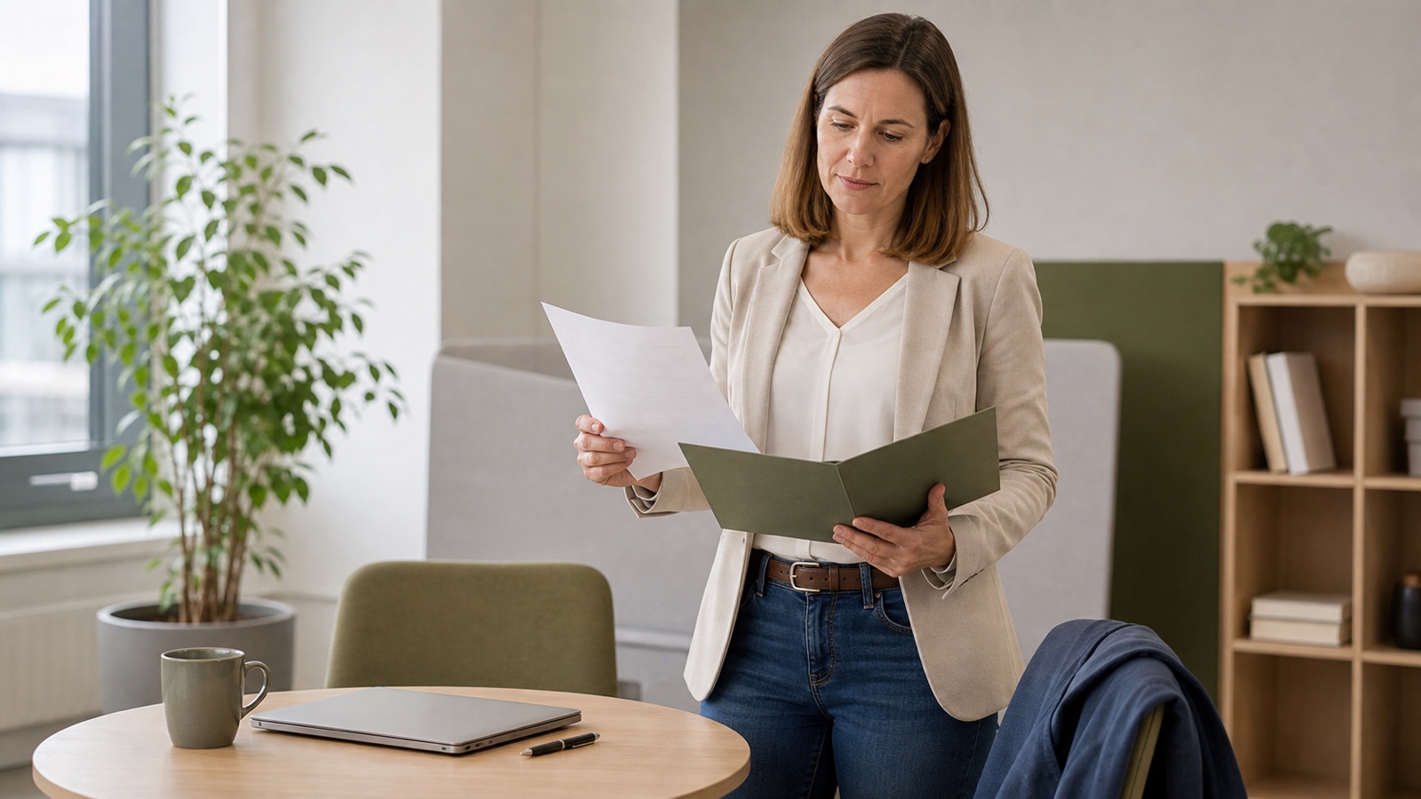 Beschäftigte prüft Unterlagen zum Jobstart und zur Probezeit an einem hellen Schreibtisch