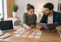 Bewerberin plant mit Notizen und Laptop den Wechsel in eine neue berufliche Rolle