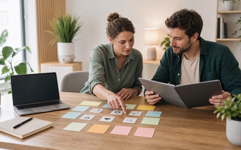 Bewerberin plant mit Notizen und Laptop den Wechsel in eine neue berufliche Rolle