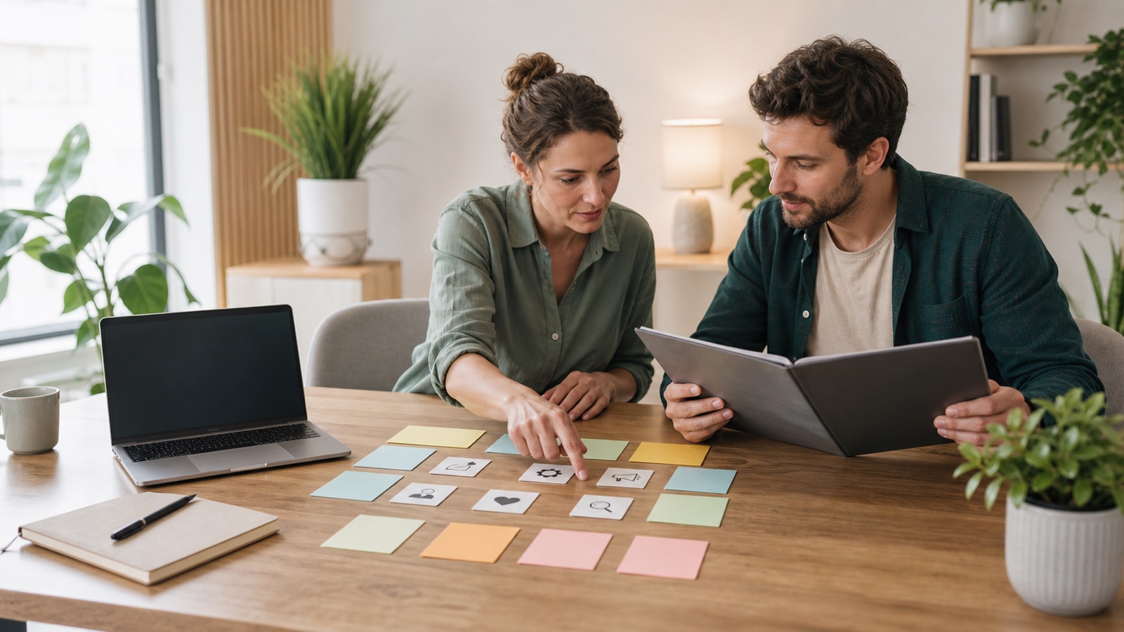 Bewerberin plant mit Notizen und Laptop den Wechsel in eine neue berufliche Rolle