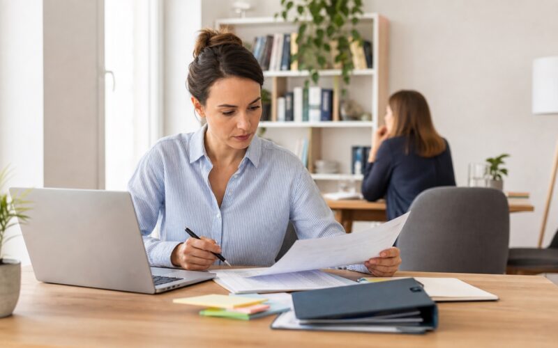 Bewerber prüft eine Online-Stellenausschreibung für den öffentlichen Dienst an einem hellen Arbeitsplatz