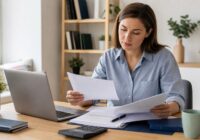 Bewerberin prüft Arbeitsvertrag und Gehaltsunterlagen an einem hellen Schreibtisch