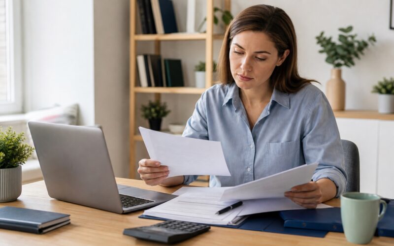 Bewerberin prüft Arbeitsvertrag und Gehaltsunterlagen an einem hellen Schreibtisch