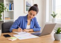 Junge Berufseinsteigerin plant Jobsuche an einem hellen Schreibtisch mit Laptop und Notizen