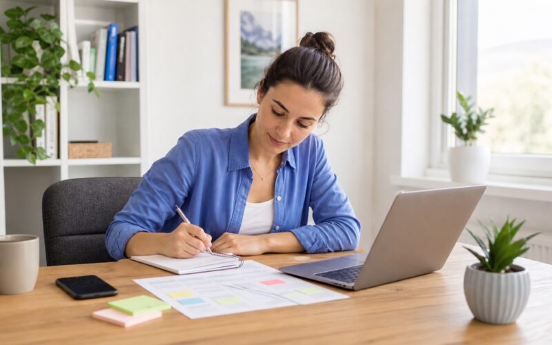 Junge Berufseinsteigerin plant Jobsuche an einem hellen Schreibtisch mit Laptop und Notizen
