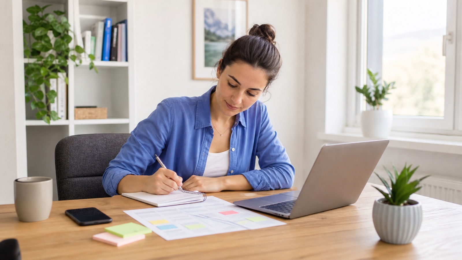 Junge Berufseinsteigerin plant Jobsuche an einem hellen Schreibtisch mit Laptop und Notizen