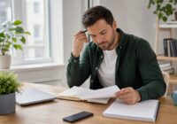 Bewerberin wertet nach einem Gespräch Notizen an einem hellen Schreibtisch aus