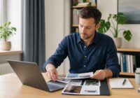 Bewerberin ordnet Arbeitsproben und Portfolio-Unterlagen an einem hellen Schreibtisch