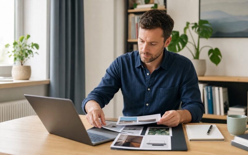Bewerberin ordnet Arbeitsproben und Portfolio-Unterlagen an einem hellen Schreibtisch