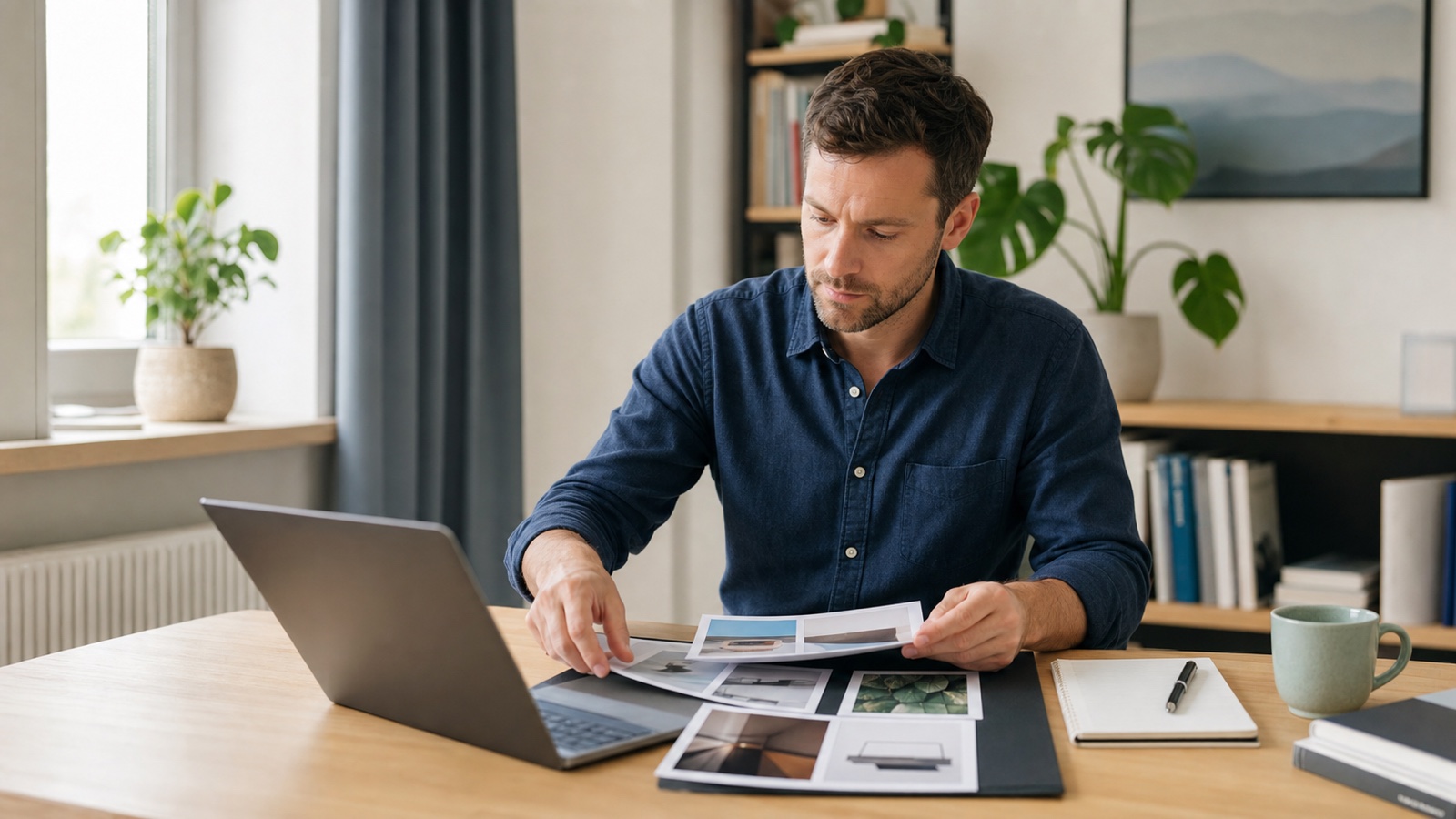 Bewerberin ordnet Arbeitsproben und Portfolio-Unterlagen an einem hellen Schreibtisch