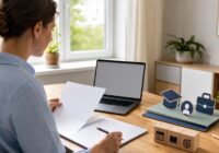 Person plant eine geförderte Ausbildung mit Unterlagen und Laptop an einem hellen Schreibtisch