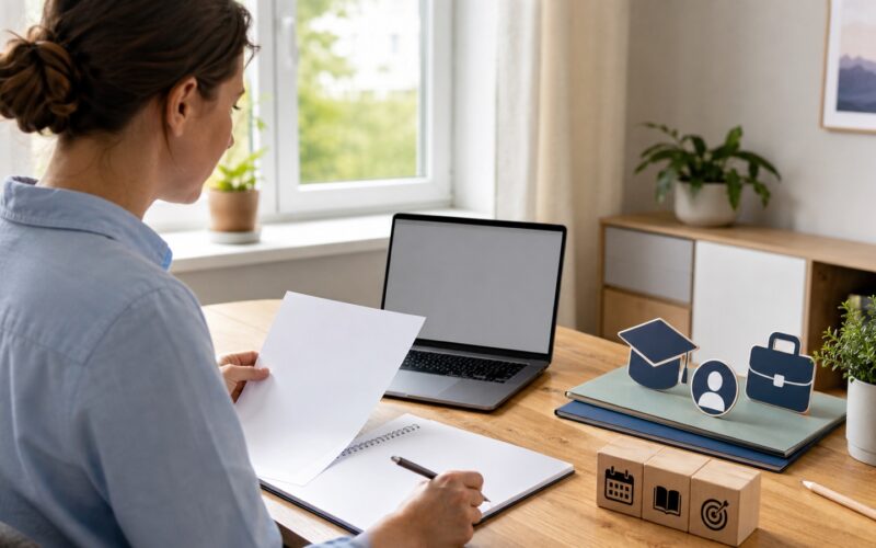 Person plant eine geförderte Ausbildung mit Unterlagen und Laptop an einem hellen Schreibtisch