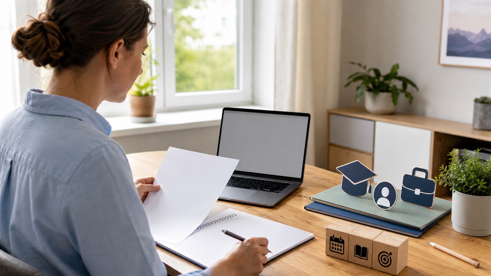 Person plant eine geförderte Ausbildung mit Unterlagen und Laptop an einem hellen Schreibtisch