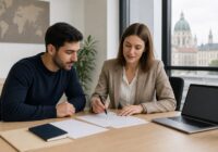 Internationale Fachkraft und Arbeitgeber planen einen Jobstart in Österreich an einem hellen Schreibtisch