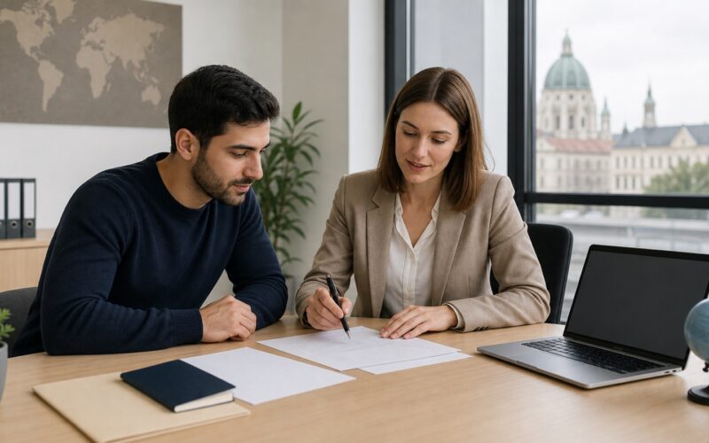 Internationale Fachkraft und Arbeitgeber planen einen Jobstart in Österreich an einem hellen Schreibtisch