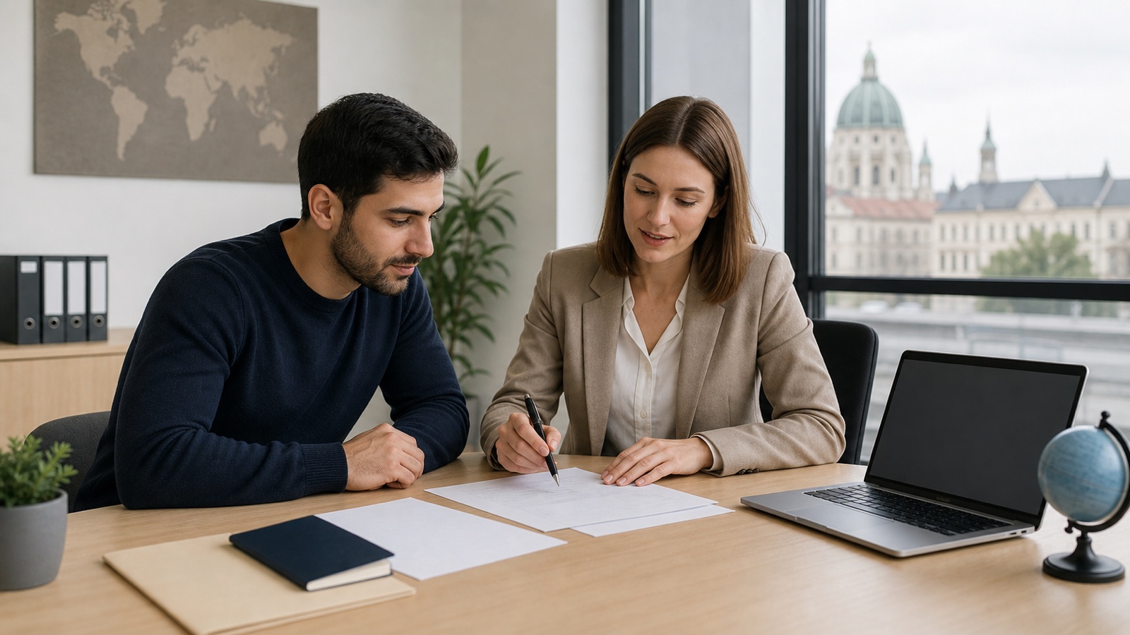 Internationale Fachkraft und Arbeitgeber planen einen Jobstart in Österreich an einem hellen Schreibtisch