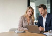 Attraktive realistische Berufstätige prüfen ein berufliches Online-Profil an einem Laptop in einem hellen Büro